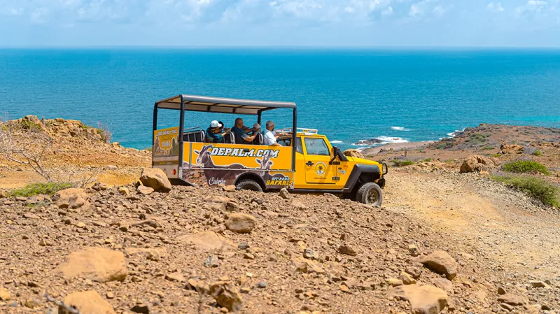 a tractor on a rocky beach next to the ocean